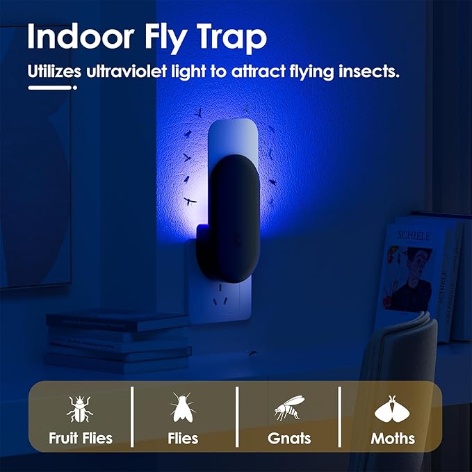 Flying Insect Trap, 2 in 1 Indoor Plug-in Fruit Fly Trap, 1 Trap Black and 6 Glue Cards, Fruit Fly Traps for Gnat, Moth, Mosquito, Suitable for Every Part of The Home