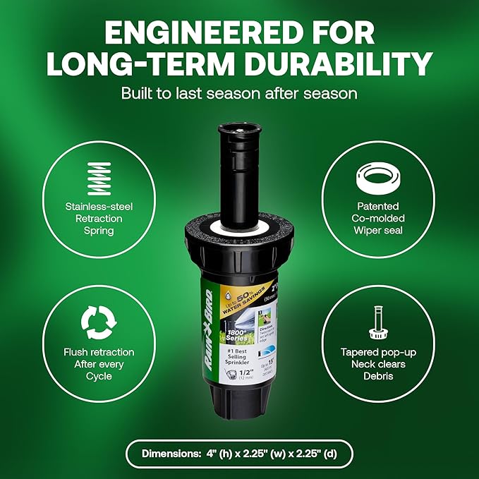 Rain Bird 1802HDSPRS Pressure Regulated 1800 Series Dual Spray 2 Inch Pop Up Sprinkler Head, 4 Pack -Water Efficient Lawn Sprinkler with 180 Degree Half Pattern, 1/2 in NPT, Up to 15 Ft Spray Distance