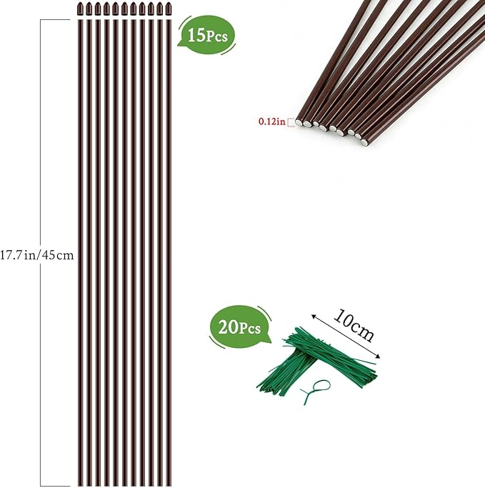 15Pcs Orchid Stakes,SupKing 17.7 Inch Plant Support Sticks Invisible Bendable Green Pole Rods for Small Indoor Outdoor Potted Plants Comes 20Pcs Ties-Brown