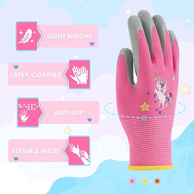 WAWSAM Kids Gardening Gloves 3 Pairs Toddlers Rubber Coated Work Gloves Children Garden Gloves