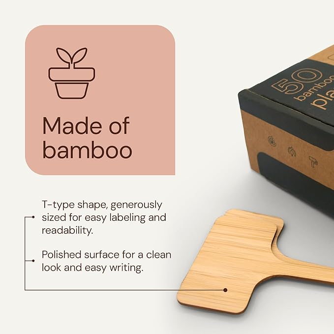 Bamboo Plant Labels & Garden Tags | 4" Short T-Type Wooden Garden Markers for Labeling Herbs, Seedlings, Vegetables, Cheeses, Appetizers, Desserts | 50 pcs