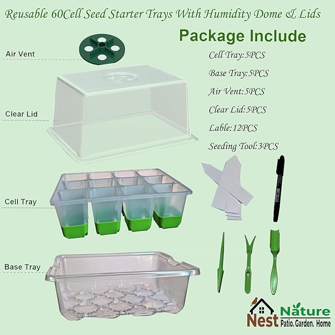 Reusable 60Cell Seed Starter Trays With Humidity Dome & Lids - 60 Cells, Flexible Pop-Out Design, BPA-Free Silicone Seedling Kit for Indoor Gardening, Greenhouse Planting, Dishwasher Safe