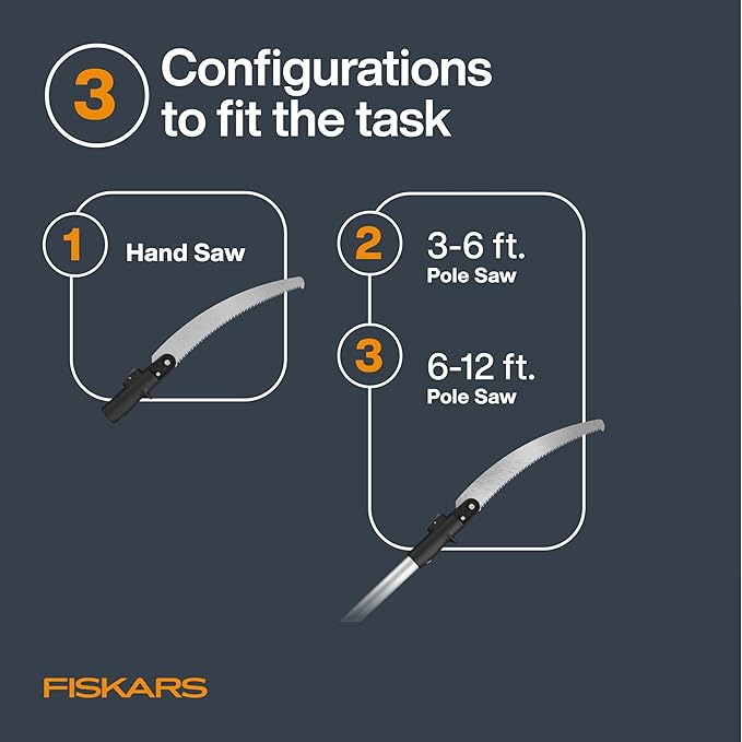 Fiskars XtendControl 12' Tree Pruner with 15" X1 Triple-Grind Saw, Two 3-6 Ft Extension Poles for Overhead Branch Trimming, Lightweight Aluminum Pole Saw with Secure Double-Locking System, Orange