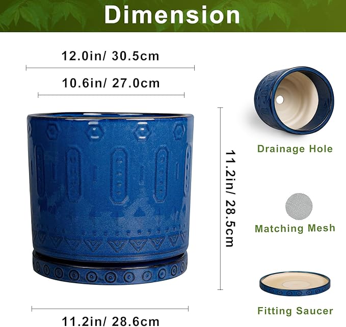 Eightpot 12 Inch Pot for Plants - Ceramic Planter for Indoor Plants Large Plant Pot with Drainage Holes and Saucer Outdoor Flower Pot Decorative Round Planter for Porch Office Decor Blue