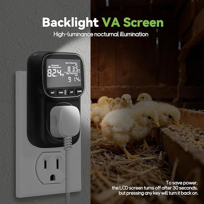 1800W Digital Thermostat for Reptile Tank, -40℉~210℉, Plug in Thermostat for Heater/Greenhouse with 5m/2m Cable, 15A Temperature Controlled Outlet with VA Display, Temp ±0.1°F, Black
