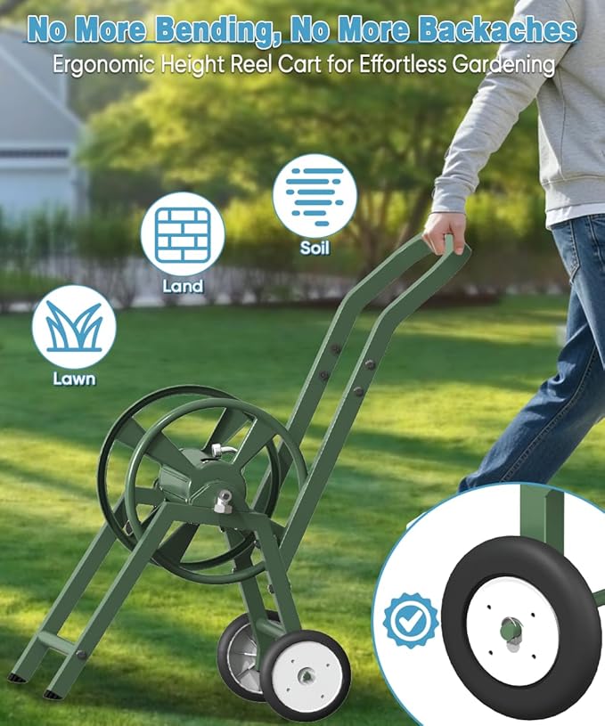 Garden Hose Reel Cart with Wheels, Holds 165 ft of 5/8’’ Hose Outdoor Heavy Duty Powder-coated Steel Water Storage Winder Holder with 3.9 Ft Leader Hose for Outside Lawn Yard, Green