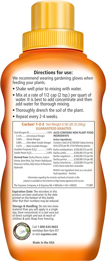 Espoma Organic Cactus! Plant Food, Natural & Organic Fertilizer for All Cactus, Succulents, Palm, and Citrus Both Indoors and Outdoors, 8 oz, Pack of 1