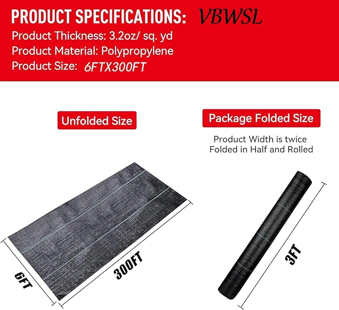 Weed Fabric Barrier Heavy Duty, 6FT x 300FT3.2oz Garden Weed Blocker Fabric, Landscaping Fabric, Weed Control Fabric Ground Cover Gardening Mat.