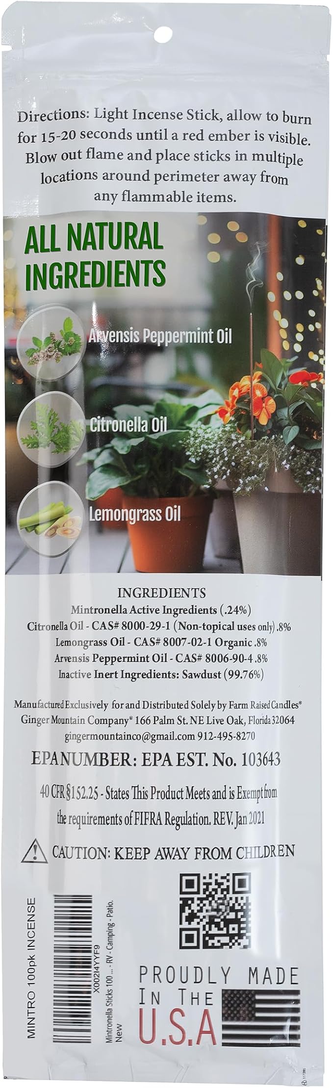 Farm Raised Candles Mintronella Citronella & Peppermint Mosquito Repellent Incense Sticks – 100 Pack – USA‑Made Natural Bug & Insect Repellent – Outdoor Camping, Patio Decor – No‑See‑Um & Gnats, Fly