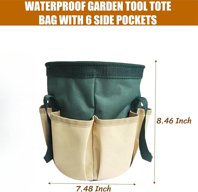 BLIRITEL Garden Tool Organizer, Waterproof Garden Tool Tote Bag with 6 Side Pockets, Outdoor Gardening bucket Bag with Thickened Base and Comfortable Carry Handles (Dark Green)