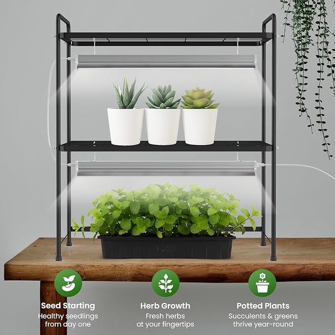 SOLIGT Tabletop 2-Tier Plant Stand Shelf with Grow Lights, 36W Full Spectrum 5000K, Timer & Dimmable Lights, Indoor Herb Garden Seed Starting Plant Rack Organizer for Desk & Kitchen Counter