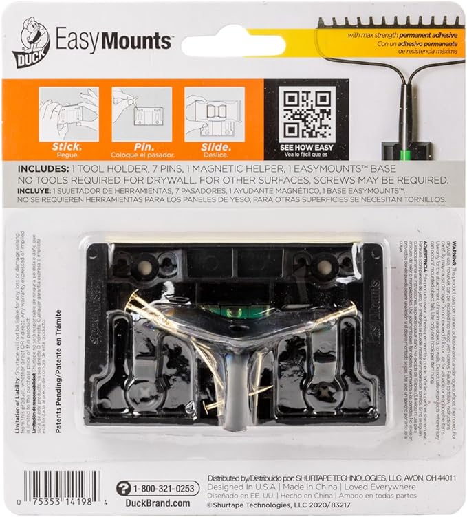 Duck EasyMounts Mop and Broom Holder - Heavy Duty Wall Mount Rack for Home Organization and Storage - No Tool Install - Holds Up to 15 lbs - Black, Pack of 1 Hook & All Hanging Hardware