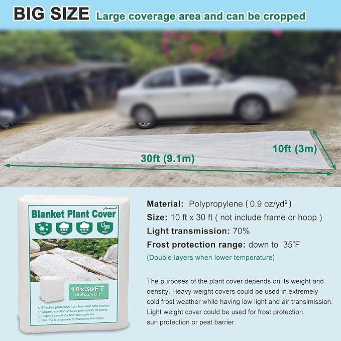10ft x 30ft Plant Covers Freeze Protection 0.9oz/yd² Garden Fabric Floating Row Cover for Winter Plant Blanket Frost Cloth Plant for Outdoor Plants Vegetables, Insect Protection…