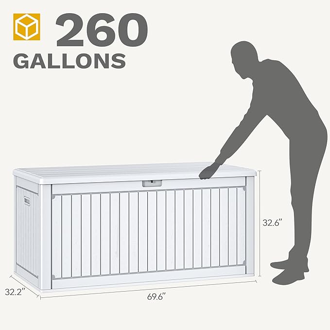 DWVO 260 Gallon Double-Wall Deck Box with Divider, XXL Extra Large Resin Outdoor Storage Box, Lockable & Waterproof, Double as Seating, 1000lbs Capacity (Grayish-White)