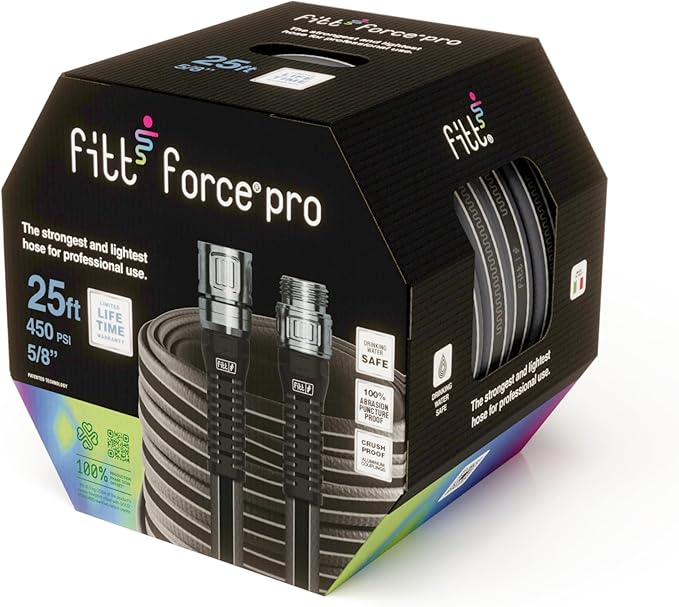 FITT Force Pro Water Hose, Lightweight Ultra Flexible Durable Kink-Free Heavy-Duty Commercial Grade Flat Garden Hose, Grey and Blue, 25-Feet x 5/8-Inch