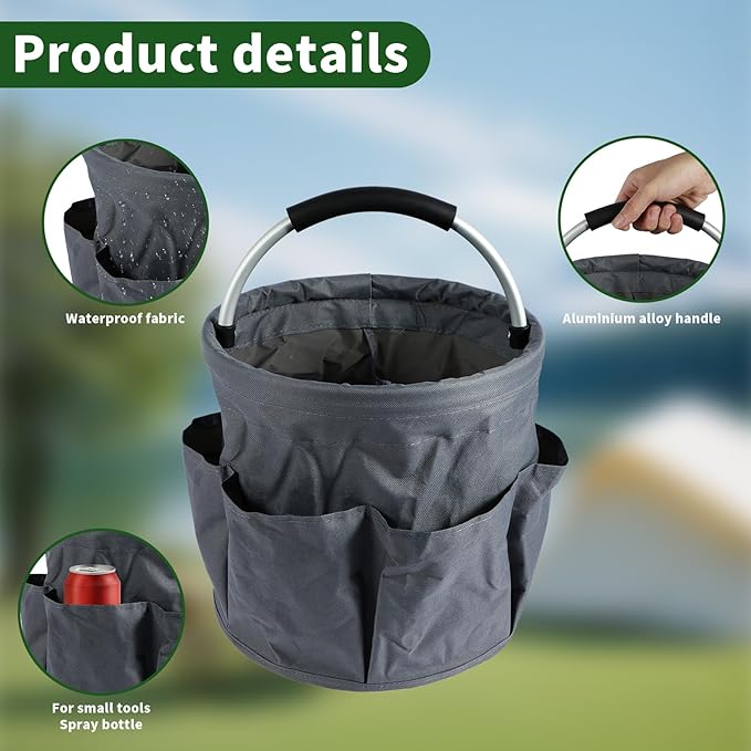 Gardening Storage Tote with Handle and 6 Pockets, Folding Garden Tool Basket 17L Large Capacity Cleaning Organizer Caddy Multifunctional Storage Basket Portable Gardening Caddy for Outdoor Indoor