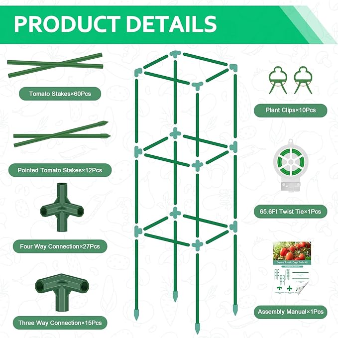 3 Pack Tomato Cages, Square Tomato Plant Stakes Support Cages Trellis, 50 * 17 * 17in Heavy Duty Steel Plant Tower Stakes Cucumber Trellis for Garden Climbing Vegetables Flowers Fruits, Bold