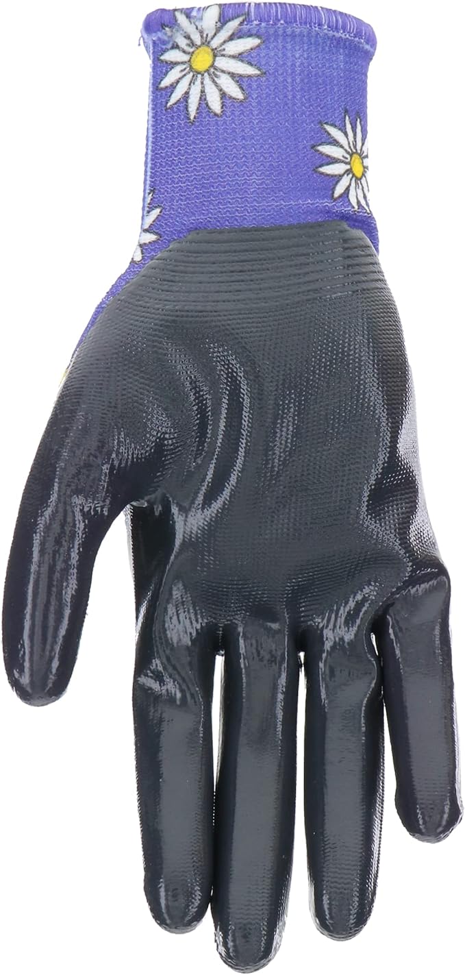 Mud Grip Women's Daisy Printed Polyester Shell and Flat Nitrile Coated Palm Gardening Gloves,