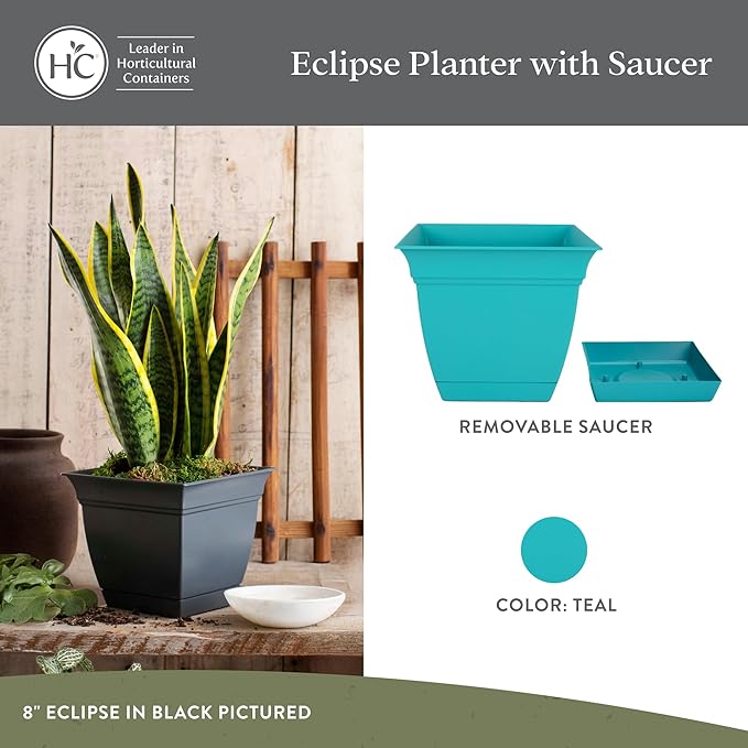 The HC Companies Eclipse Square Plastic Planter w/Attached Saucer - Outdoor & Indoor Plant Pot with Drainage Holes - Lightweight, UV-Resistant Plastic Pots for Plants (8" Teal, Pack of 1)