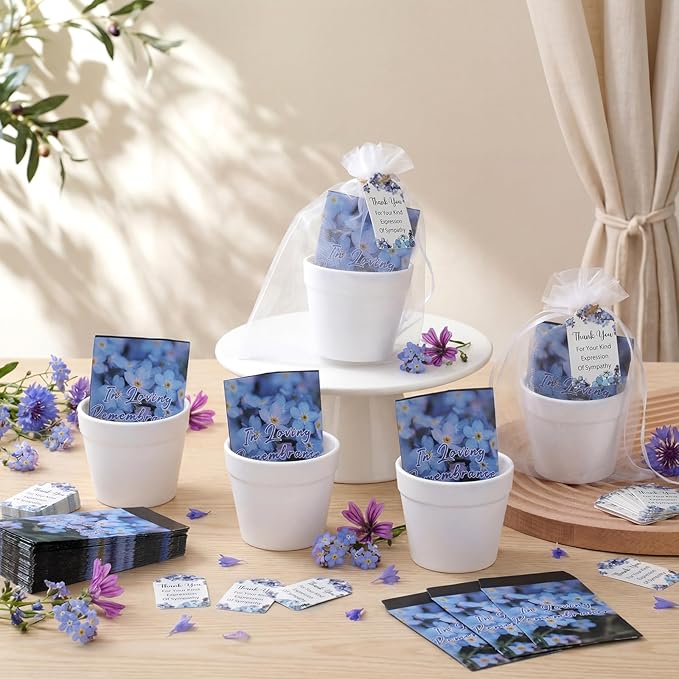 Ctosree 50 Sets Forget Me Not Seeds Packets Funeral Favors Celebration of Life with Flowerpot Thank You Tags Organza Bags for Funeral Memorial Loss of Loved One(Seeds Not Include)