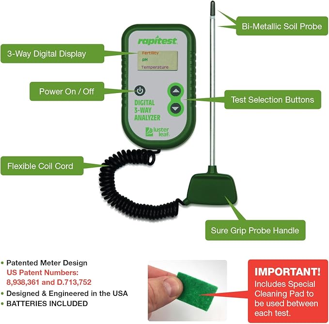 Luster Leaf Fertility and Temperature Rapitest 1835 Digital 3 Way Analyzer for Soil pH