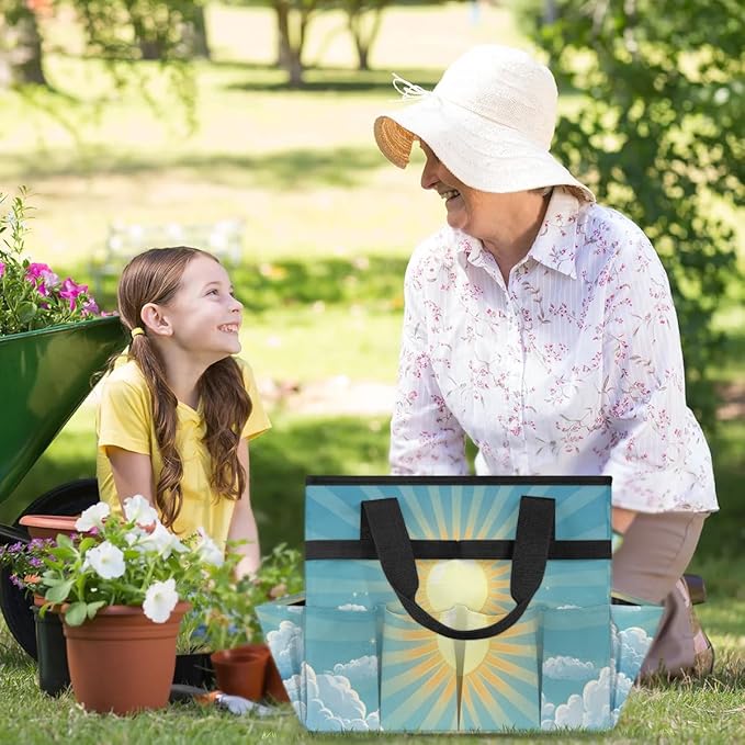 Garden Tool Bag Organizer Garden Tote Bag with Pockets Sunshine Clouds Tool Storage Organizer Gardening Tool Kit Holder 13" x 6.8" x 2.8"