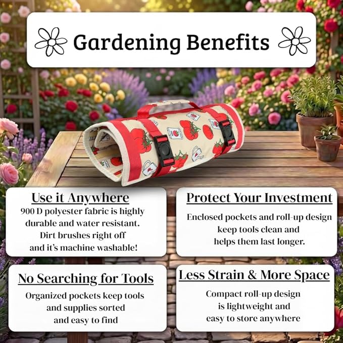 Garden Tool Bag - Roll-Up Garden Tool Holder with Deep Pockets | 900D Polyester Heavy Duty Gardening Tote | Compact Washable Organizer for Tools, Seeds, and Essentials (Tools Not Included)