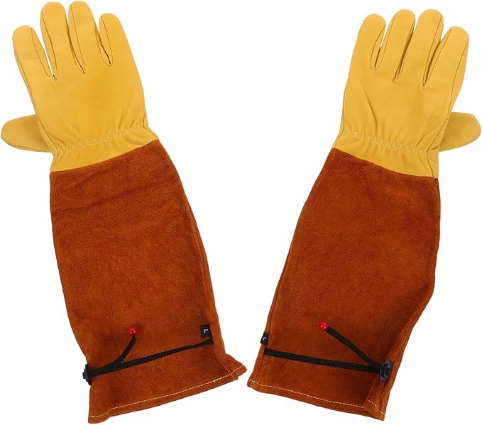 VICASKY Puncture Resistant Long Gardening Gloves with Leather Palm and Brown Cowhide Sleeve, Size L, Thorn Protection for Rose Pruning and Yard Work