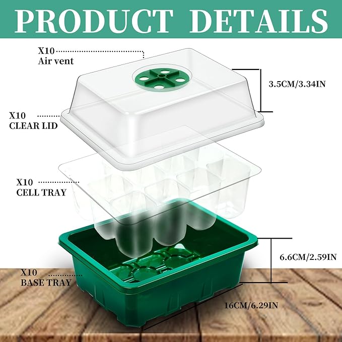 10 Pack 120 Cells Seed Starter Trays with Ventilation Holes - Reusable Seedling Starter Kit for Vegetables, Herbs, Flowers - Indoor Gardening, Plant Germination & Seed Starting (Green)