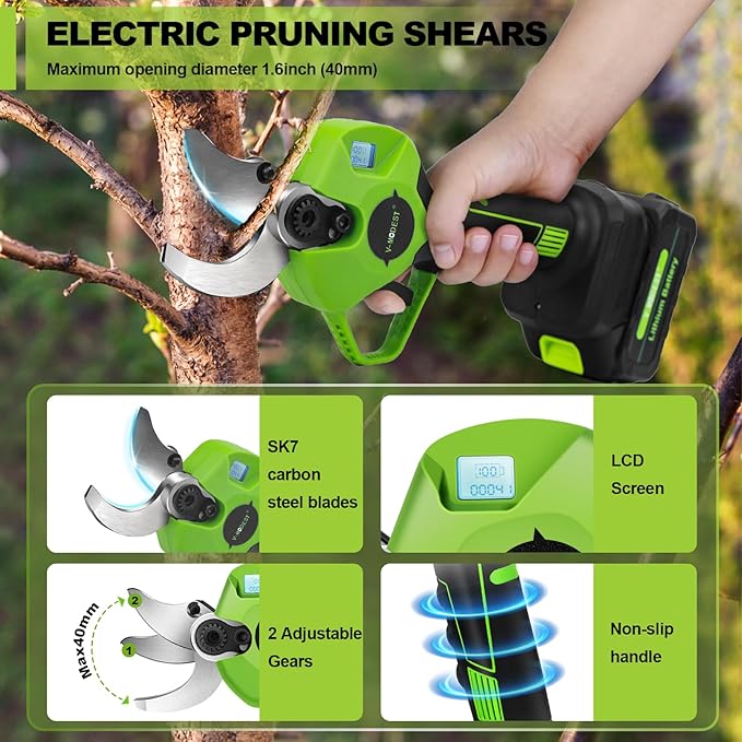 Electric Pruning Shears Cordless,1.6" Diameter Battery Powered Pruning Shears with LCD Display, 900W Brushless Motor Cordless Pruner, Power Scissors for Gardening with 2Pcs 2000mAh Battery