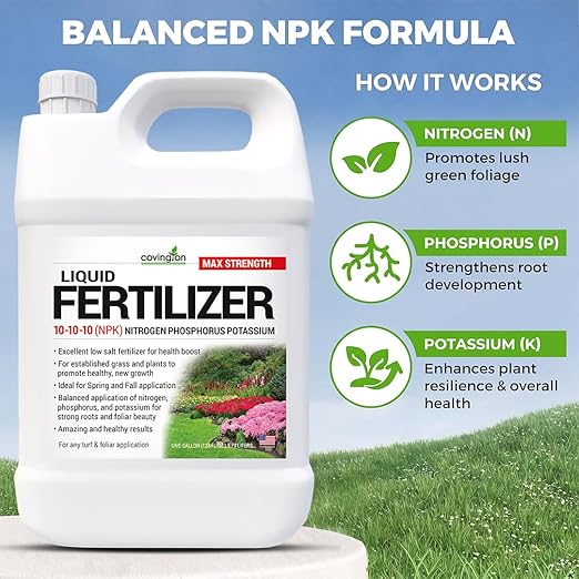 Covington 10-10-10 NPK Liquid Fertilizer (1 Gal) All Purpose Liquid 10 10 10 NPK - Lawn Food with Nitrogen Phosphorus Potassium Concentrate for Lawns, Outdoor & Indoor Plants, Vegetable Gardens