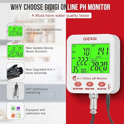 Digital pH EC Meter Smart Hydroponics pH Meter with WiFi for Real Time Large Screen with Multiple Parameters Displayed Simultaneously pH EC Monitor Salt Meter ORP Tester for Aquarium