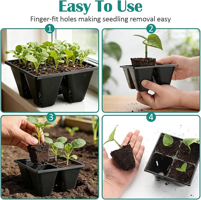 80 Pack Reusable 4-Cell Seed Starter Tray for Seedlings, Easy Watering Seed Starting Trays with Drainage Holes for Seed Germination and Plant Start, Fits Standard 1020 Trays, Black