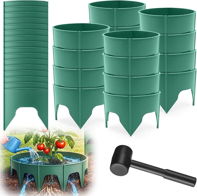 80 Pcs Planting Grow Rings, Diameter Range 8.2-15.7 Inches, Adjustable Interlocking Plant Support Rings with Mallet, Reusable Tree Watering Ring for Garden Root Irrigation (Green)