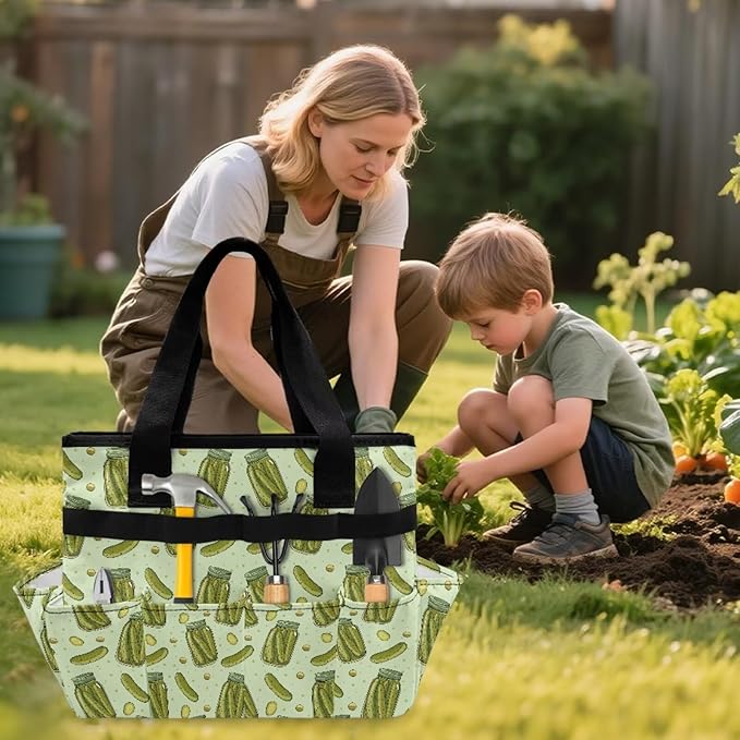 Cucumber Print Garden Tool Bag Portable Gardening Tool Organizer Bag with 10 Pockets and Handle Tool Carrier and Storage for Garden Lawn Yard Casual Camp