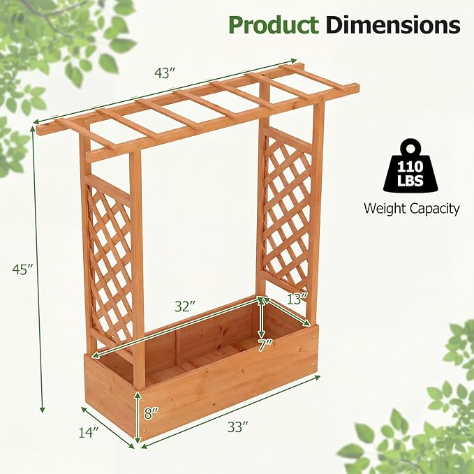 HAPPYGRILL Raised Garden Bed with Trellis & Hanging Roof, 45" Tall Wooden Planter Box with Drainage Holes, Outdoor Wood Elevated Garden Bed for Climbing Plants Vines Vegetables Flowers (Orange,2)