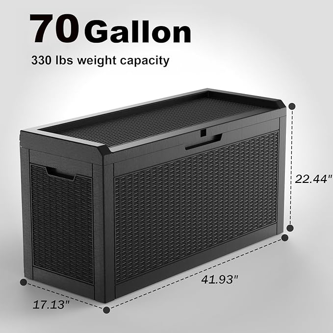 DRATO 70 Gallon Deck Boxes Outdoor Waterproof, Resin Large lockable Storage Box for Patio Furniture Side Table, Waterproof Storage Containers for Pool and Garden Accessories (70 Gallon, Black)