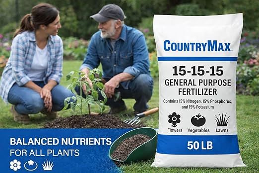CountryMax 15-15-15 All Purpose Fertilizer, 50 lb Bag, Balanced Nutrition for Flowers & Vegetable Beds, Raised Gardens, Lawns & Grass, Supports Soil Health and Consistent Growth