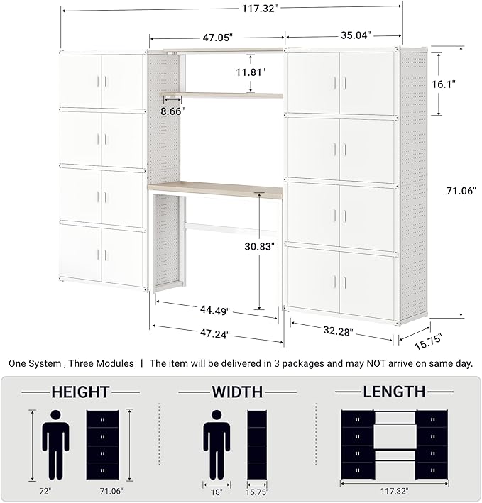 FLEXIMOUNTS Garage Storage Cabinet System, 3-in-1 Modular System with Integrated Workbench, Cabinets & Pegboard, 24-Gauge Steel, 117" L, 8-Door Cabinet for Garage Workshop, White, FLEXIMOD Series