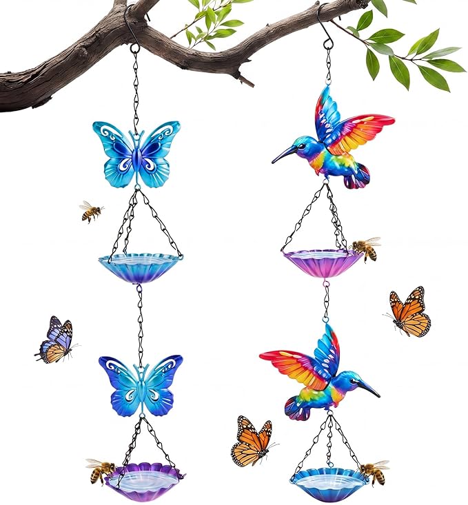 Tandefio 2 Pack Hanging Bee Watering Station, Butterfly Feeder, Flower Shaped Bowl Bee Metal Cups for Outdoor Garden Yard Decor, Pollinator Feeding Station 19.6 Inch (Butterfly & Hummingbird Style)