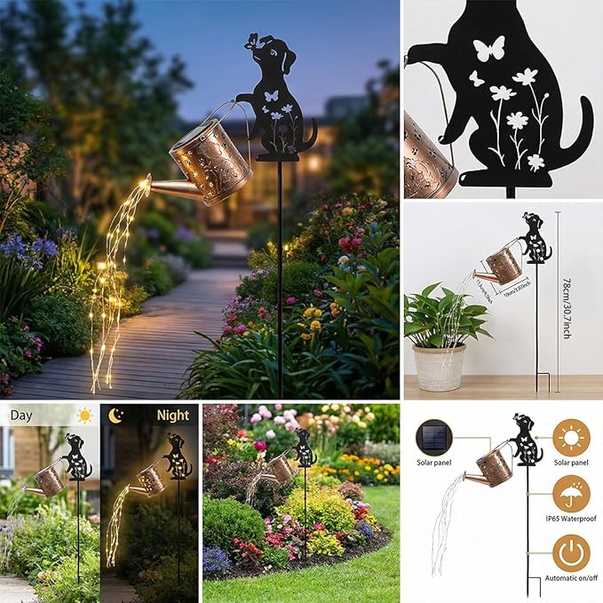 Outdoor Solar Dog Garden Decorative,Solar Watering Can with Light, Featuring Metal Dog Statue Silhouette Stake, Day Gift for Women, for Outside Landscapes,Lawn, Path Decoration