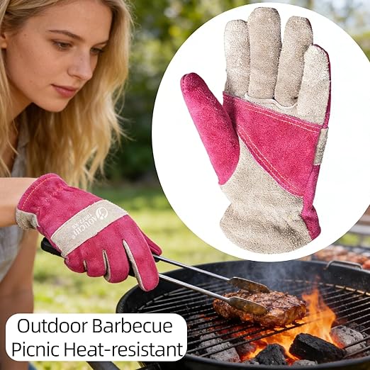 Leather Work Gloves for Women with Cotton Lining, Thorn Proof Gardening Gloves for TIG/MIG Welding, Construction (Rose Red, X-Small)