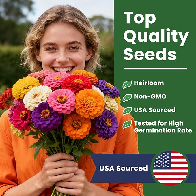 5000+ Zinnia Dahlia Seeds Flower Seeds for 2026 Planting, 1.5 Oz, 5 Varieties (Pink, Yellow, Orange, White, Purple), 40G Mixed Colors and Large Blooms, Open Pollinated - Bulk