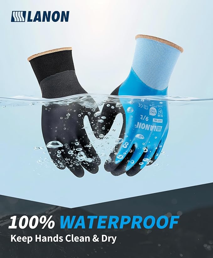 LANON 2 Pairs Waterproof Work Gloves for Men and Women,Double Rubber Coated for Gardening, Outdoor Construction,Car & Fish Cleaning, Non-Slip Grip, Elastic Cuff, Blue&Black,Medium