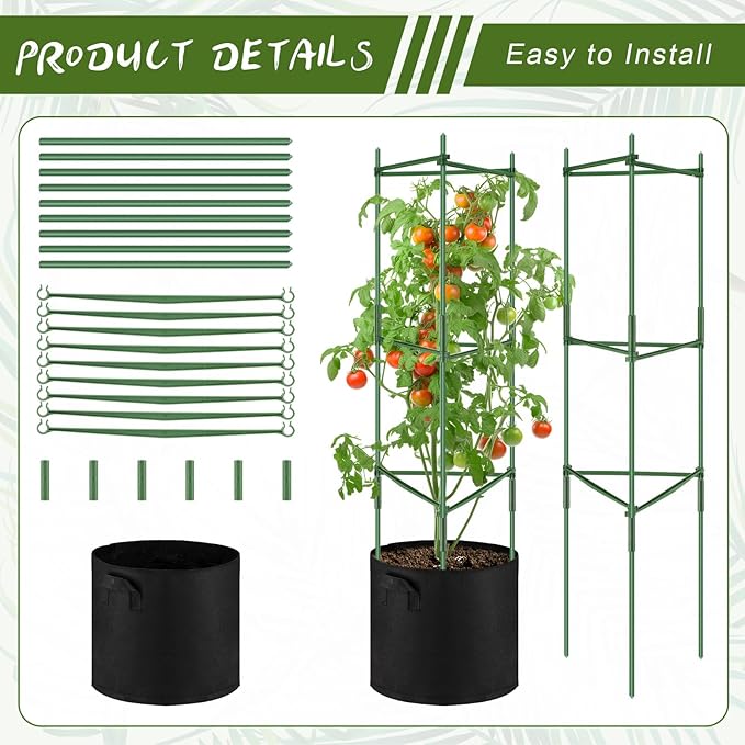 3 Pack 47" Tomato Cages with 10 Gallon Grow Bag Adjustable Tomato Cages for Garden Trellis Pots for Potted Plants Vertical Climbing Vegetables Outdoor Indoor