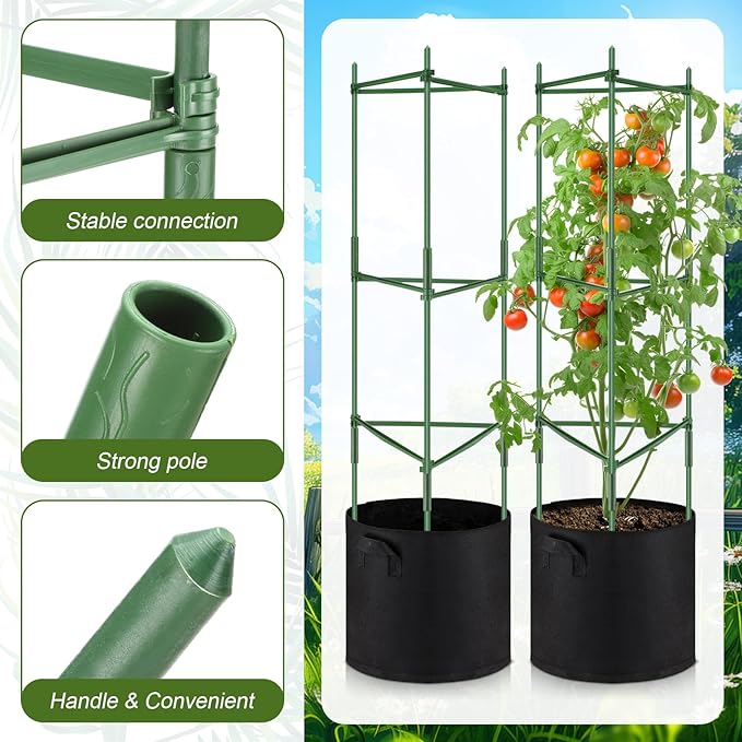 2 Pack 47" Tomato Cages with 10 Gallon Grow Bag Adjustable Tomato Cages for Garden Trellis Pots for Potted Plants Vertical Climbing Vegetables Outdoor Indoor