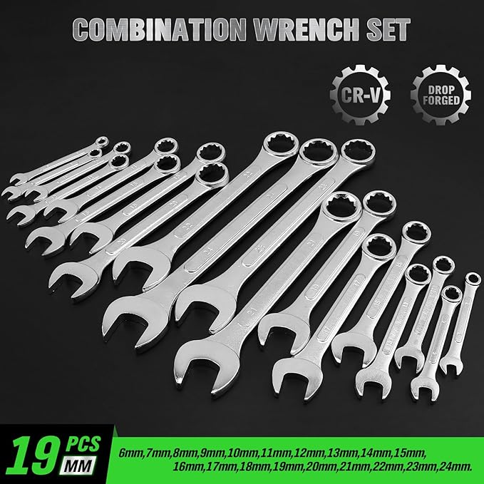 19-Piece Metric Combination Wrench Set, 6-24mm Standard Spanner Wrench Set, Mechanic Tool Sets with Rolling Pouch, Open End Wrenches for Household, Garage, Workshop, Auto Repairs