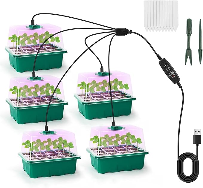 5 Packs Seed Starter Tray with Grow Light,Plant Starter Tray Seedling Starter Kit with Humidity Domes 5-Level Brightness 4 Timers for Indoor Greenhouse
