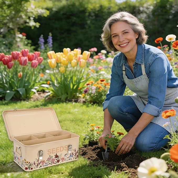 JarThenaAMCS Spring Wildflower Seeds Storage Organizer Metal Seed Saving Box 4 Dividers Vintage Floral Seed Packet with 50 Seed Kraft Envelopes 50 Blank Plant Label Stakes 1 Marker Pen for Home Garden