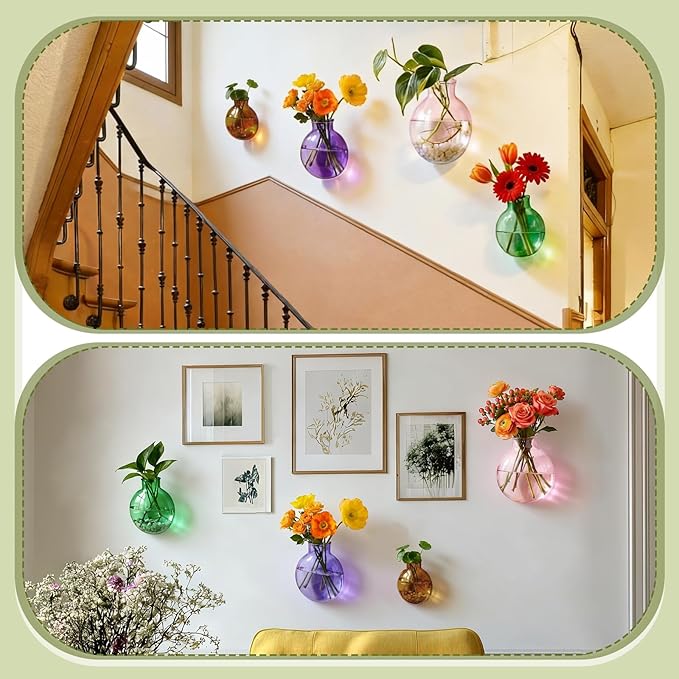 4 Pcs Stained Glass Hanging Vase Hanging Glass Plant Propagation Station Small Plant Terrarium Pot Containers with Rope for Hydroponics Planter Garden Home Indoor Outdoor Decor, 4 Styles